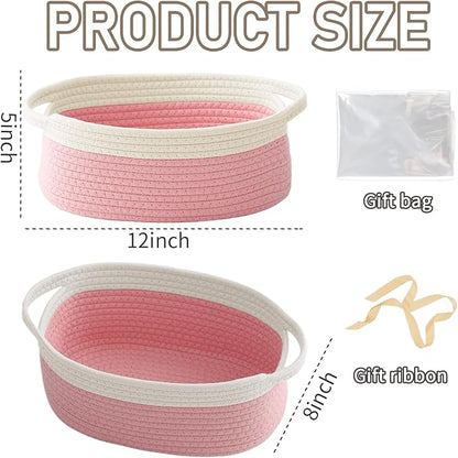 Woven Basket,Small Rope Storage Bin with Handles & Ribbon Bag, Organizer for Shelves Closets,Gift Basket Empty for Birthday,Books,Dog Toys, White&Pink