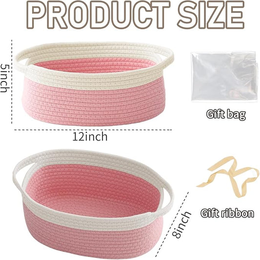 Woven Basket,Small Rope Storage Bin with Handles & Ribbon Bag, Organizer for Shelves Closets,Gift Basket Empty for Birthday,Books,Dog Toys, White&Pink/2 Pack