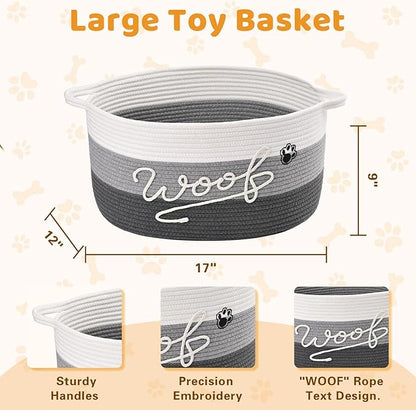 Woof Dog Toy Basket with Handles, Large Dog Toy Storage Bin with Paw Print, Woven Dog Basket for Blankets, Toys, Chews, Pet Toy Box for Nursery, Living Room, Bedroom, 17”x12”x9, Grey