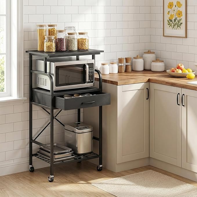 Tall Printer Stand, 3 Tier Printer Cart with Storage, Industrial Printer Table on Wheels, Adjustable Shelf & Fabric Drawer, for Home Office Study Black PTBK5501