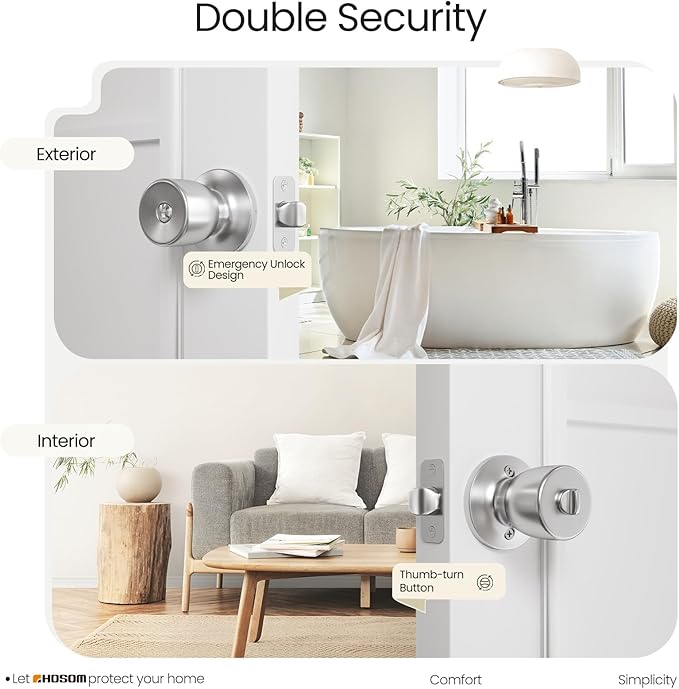 HOSOM Privacy Door Knob with Lock,2 Pack Interior Door Knobs for Bedroom and Bathroom, Keyless Doorknob with Round Ball, Satin Nickel Door Handle