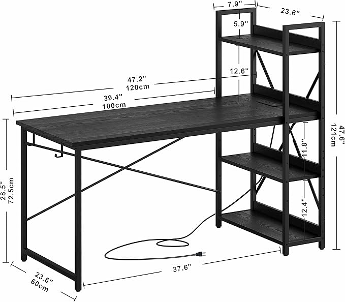 IRONCK Computer Desk 47" with Power Outlet and Storage Shelves, Study Writing Table with USB Ports Charging Station, PC Desk Workstation for Home Office, Black