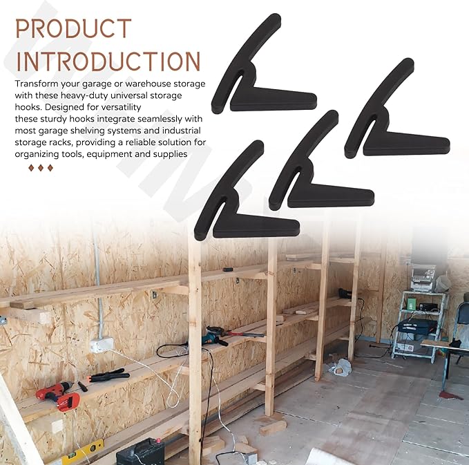 Universal Hooks for Garage Shelving and Industrial Storage Racks Compatible with Keyhole Slots, Including J&L Heavy-Duty Hooks for Garage Shelving - UV-Resistant, Holds up to 40 lbs.