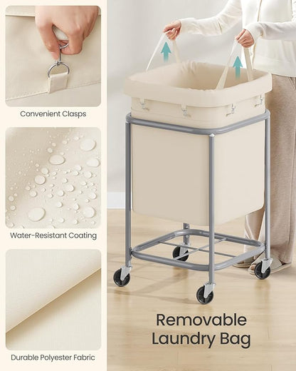 SONGMICS 45-Gallon (170 L) Laundry Basket with Wheels, Rolling Square Heavy-Duty Laundry Hamper Cart with Steel Frame and Removable Bag, 2 Locking Wheels, Cream White and Metallic Silver URLS015WD01