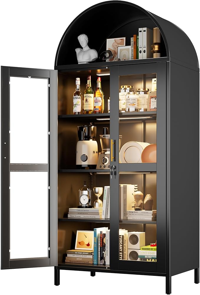 78.74'' H Metal Arched Cabinet with Glass Door,Arched Display Cabinet with 3 LED Strip,Lockable Door and 3 Adjustable Shelves for Home Office,Assembly Required, Black