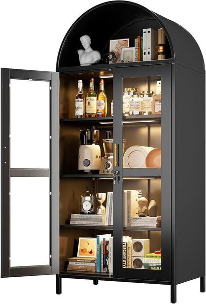 78.74'' H Metal Arched Cabinet with Glass Door,Arched Display Cabinet with 3 LED Strip,Lockable Door and 3 Adjustable Shelves for Home Office,Assembly Required, Black