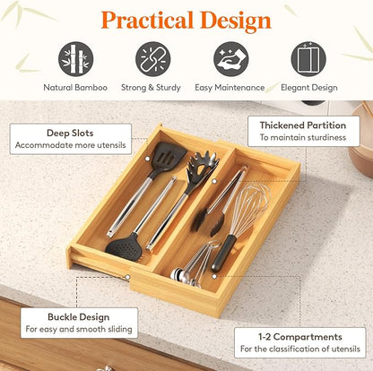 Lifewit Utensil Organizer for Kitchen Drawer, Expandable Cooking Utensil Tray, Cutlery Silverware Flatware Holder, Wood Adjustable Spatula Tools Storage Divider, 7-12 x 15.75", Natural
