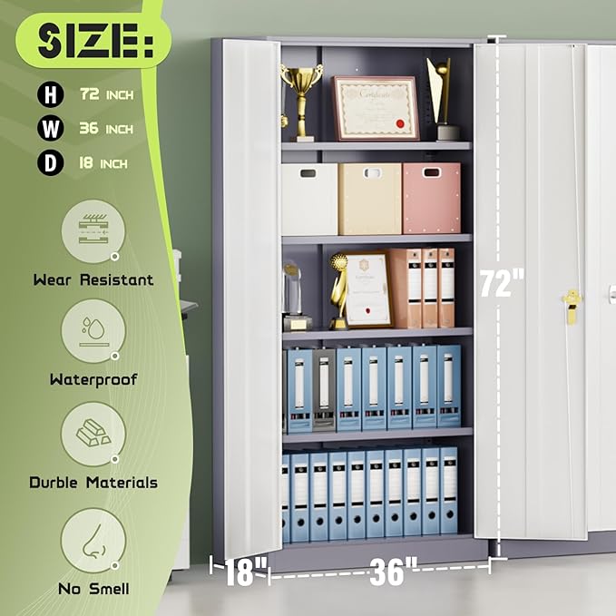 Oakcloud Metal Storage Cabinet Tool Organizer, 72" Lockable Garage Storage Tool Cabinets with 2 Doors and 4 Adjustable Shelves, Locking File Cabinet for Office, Home, School (72“ Wide-GreyWhite)
