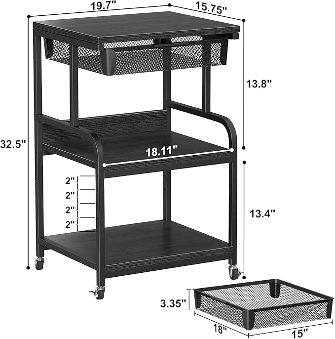 EasyCom Large Printer Stand with Storage Drawer, 5 Adjustable Shelf & 3-Tier Rolling Cart with Industrial Wheels for Desk, Mobile Printer Table for Home Office Fits 3D Printer Scanner Fax Black