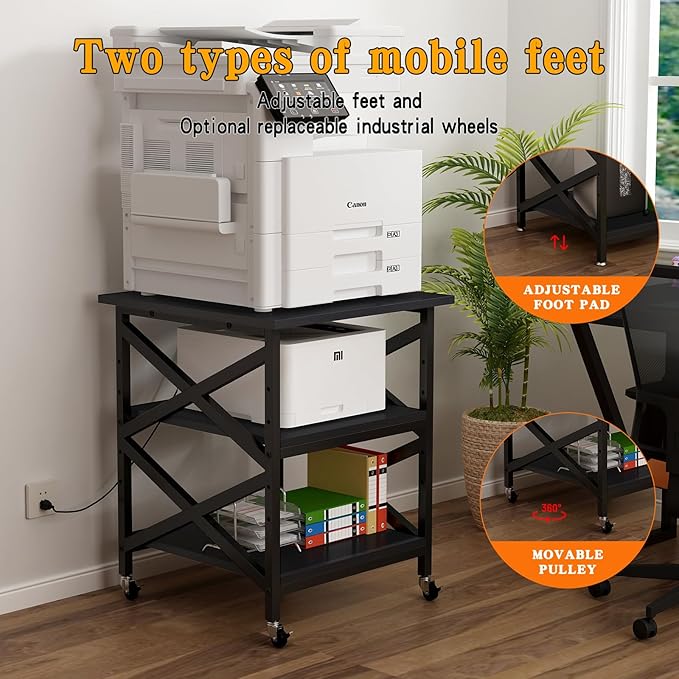 Large Printer Stand with Power Outlet, with Height Adjustable Storage Shelf, 3 Tier Rolling Printer Cart with Industrial Wheels, 23.6 x 23.6 Inches Printer Table for Home Office,Black