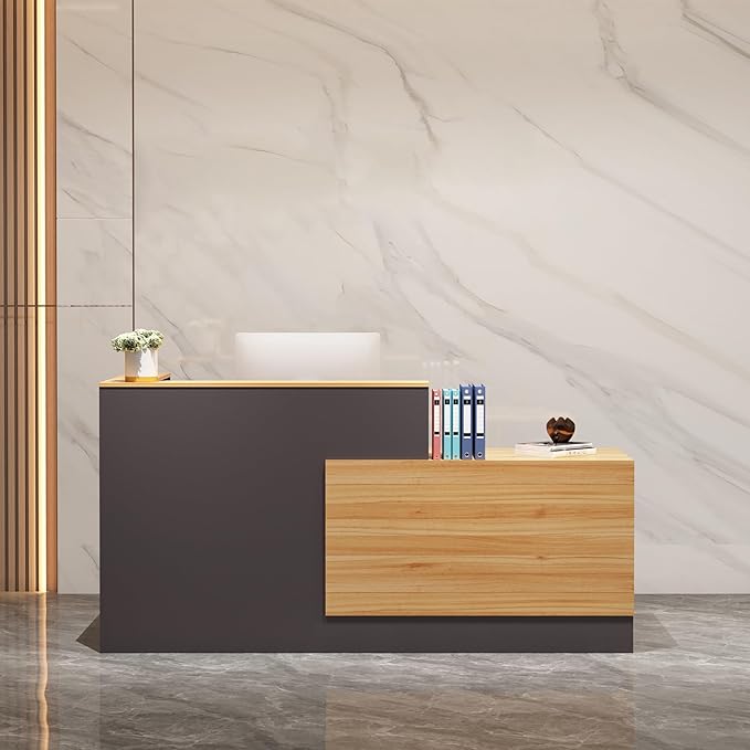 L-Shaped Reception Desk with Lockable Drawers, Adjustable File Cabinet & Keyboard Tray, Modern Front Counter for Office, Salon, or Lobby (Left-L Natural Wood/Slate Gray, 70.9''L x 23.6''W x 41.3''H)