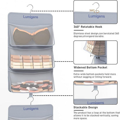 Sock & Underwear Storage Organizer, Hanging Closet Organizer with Pockets, Bra Organizer for Closet Storage with 360° Rotating Hook, Space Saving Hanging Storage for Closet, Bedroom, RV
