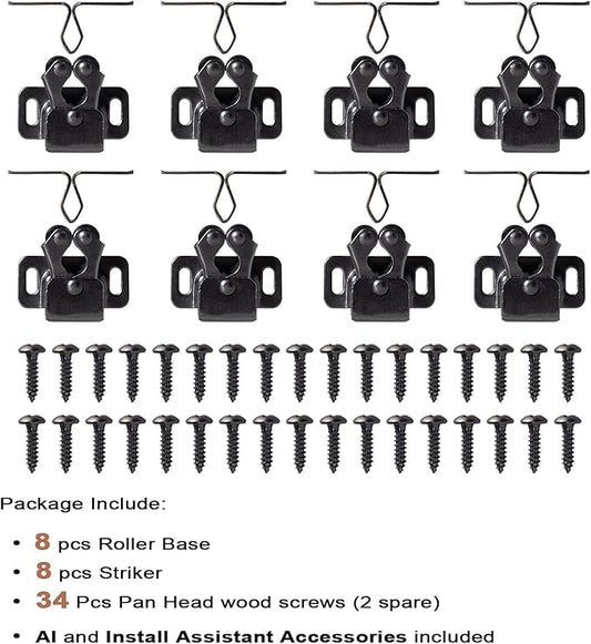 8 PCS Cabinet Latch Double Roller Catch Hardware for Cupboard Closet Cabinet Door Latches and Catches, Black Nickel