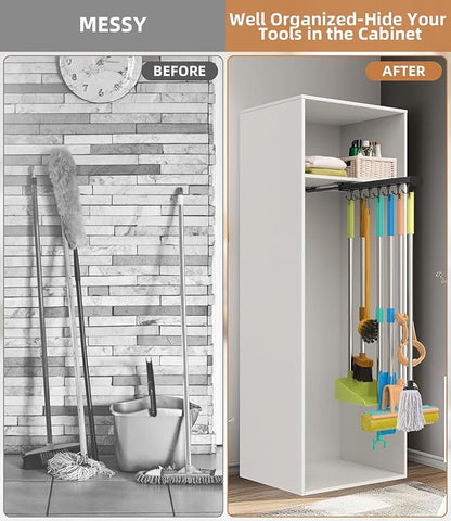 Pull Out Broom Holder With Adjustable Double Row Sliding Hook, Multifunctional Slide Broom And Mop Storage/Organizer Garage Organization Hooks, for Closet Laundry - 41cm/16.14inch