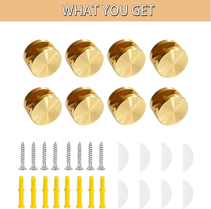 Aluminum Mirror Clips, Round Shape Wall-Mounted Mirrors Bracket, Glass Clips Clamps Holder, Dresser Mirror Fixed Fitting for 5-11mm Thick Mirrors 8 Pcs (Gold)