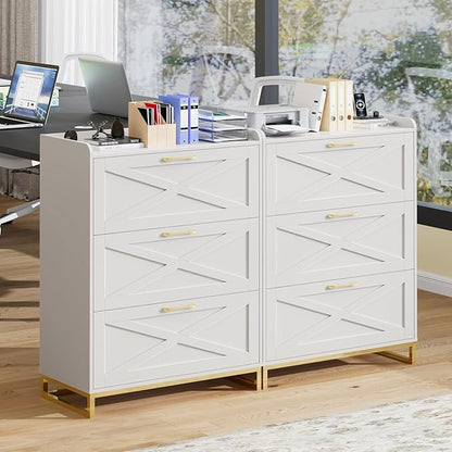 File Cabinet 3 Drawers Lateral File Cabinet with Charging Station for Letter/Legal/A4 Size Hanging Files, Large Wood File Storage Cabinets Printer Stand for Home Office, White and Gold