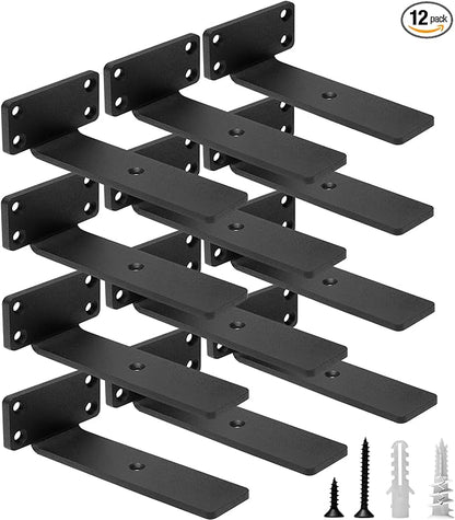 HITOMEN Heavy Duty Floating Shelf Brackets, 6-Inch (1/5'' Thick) Hidden Shelves Hardware, Iron L Brackets, Rustic Industrial Black Metal Wall Shelving Supports, 12 Pack