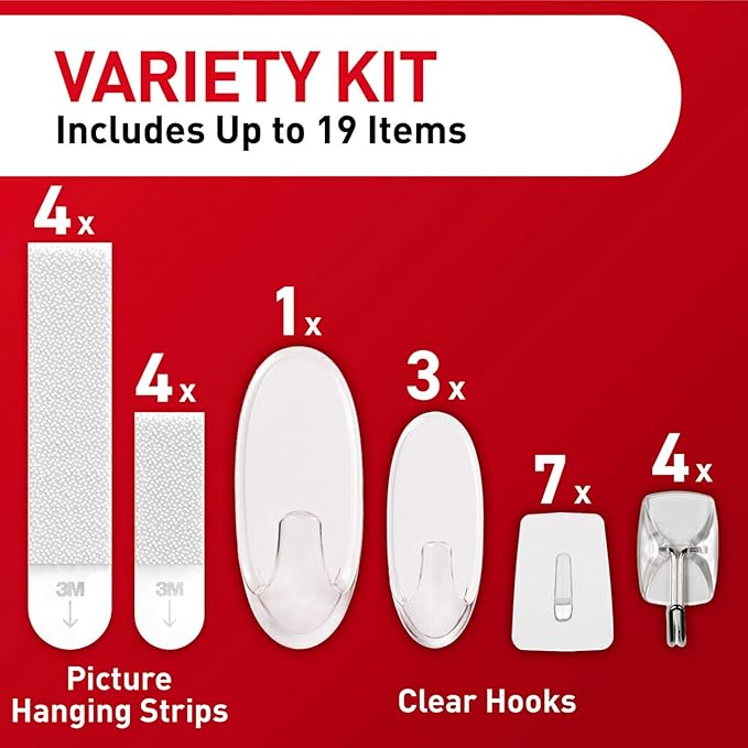 Command Clear Variety Pack, Including 8 Pairs of Picture Hangers, 4 Clear Wire Hooks and 11 Wall Hook for Hanging Home Decor, Damage-Free Hanging Up to 19 Items with Command Strips