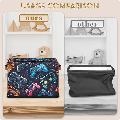 Video Game Storage Bins with Zipper Lid, Collapsible Fabric Storage Basket with Leather Handles Closet Shelf Cloth Organizer Basket for Nursery Bedroom Clothes Toy