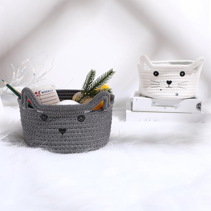 Zopeal Cat Basket Storage Woven Organizer with Ears Easter Decorative Gift Pet Toy Cute Cotton Rope Basket for Gift Cat Dog Toy Bin Nursery Room(8.3 x 4.7 Inch,Gray)