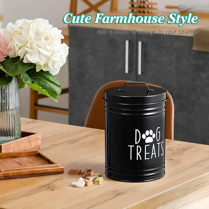 Extra Large Dog Treat Container Airtight - 9" Tall X 6" Round Black Dog Treat Jar for Kitchen Counter - Rustic Treat Storage Canister for Dogs, Cats, Small Animals