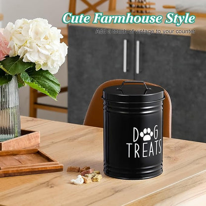 Extra Large Dog Treat Container Airtight - 9" Tall X 6" Round Black Dog Treat Jar for Kitchen Counter - Rustic Treat Storage Canister for Dogs, Cats, Small Animals