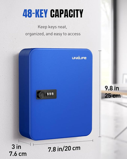 Uniclife 48 Keys Lock Box for Keys with Code, Wall Mount Key Lock Box with Code, Lockbox for Keys, Key Lockbox with Tags, Key Cabinet, Key Storage Box for Home Office & Company, Blue