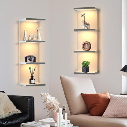 4 Tier LED Wall Shelf - Modern Floating Shelves for Makeup Vanity, Bedroom, Living Room | Easy Install Cosmetic & Display Lack Shelf, White