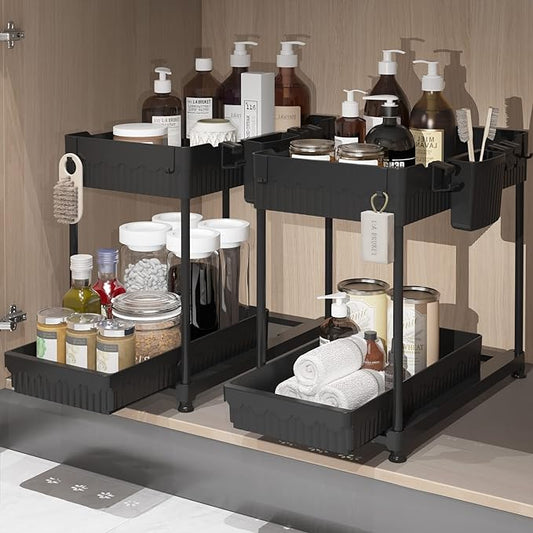 2 Pack Multi-Purpose Under Sink Organizers and Storage, 2026 Pull Out Cabinet Organizer for Bathroom & Kitchen, Under Cabinet Organizer with Hooks Hanging cup, Black