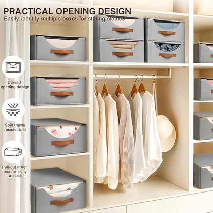 Stackable Storage Drawers - Large Collapsible Storage Bins with Drawers, 8 Pack Closet Shelf Organizer Basket, Fabric Pull Out Organizer for Bedroom, Living Room, Dorm, Grey