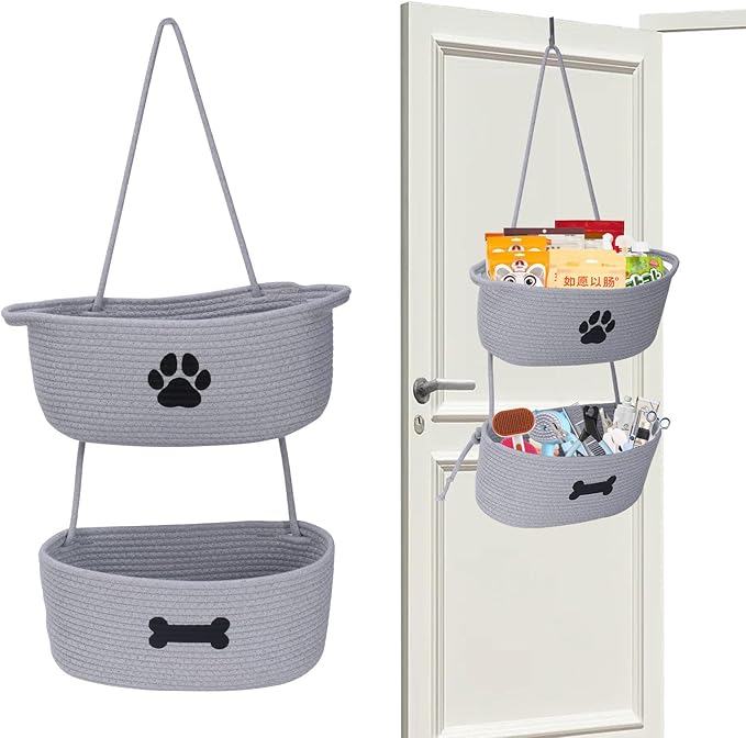 2-Tier Dog Baskets,Over Door Hanging Oganizer for Pet Stuff with Metal Hooks,Cotton Rope Wall-Mounted Storage Organizer for Dog Leash/Harness/Small Toys/Trash Bag - Gray
