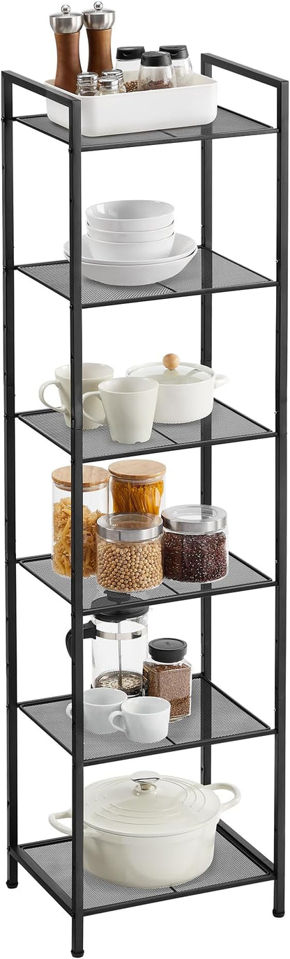 SONGMICS 6-Tier Storage Rack, Bathroom Shelf, Extendable Plant Stand with Adjustable Shelf, for Bathroom, Living Room, Balcony, Kitchen, Classic Black UBSC036B01