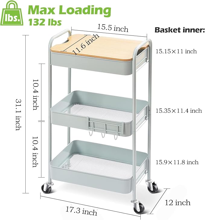 TOOLF 3-Tier Rolling Cart with Table Top, Metal Storage Cart on Wheels, Utility Organizer with Wooden Tray, Lockable Casters, Easy Assembly for Bathroom, Bedroom, Baby Room, Kitchen, Green
