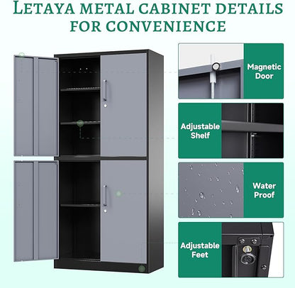 Letaya Metal Storage Cabinets with Lock Door and Shelves, Steel Garage Tool Cabinets for Home,Office, Warehouse,Lockers(71"-Black Gray)