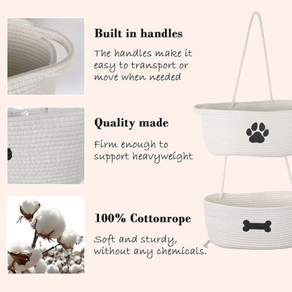 2-Tier Dog Baskets,Over Door Hanging Oganizer for Pet Stuff with Metal Hooks,Cotton Rope Wall-Mounted Storage Organizer for Dog Leash/Harness/Small Toys/Trash bag - Beige