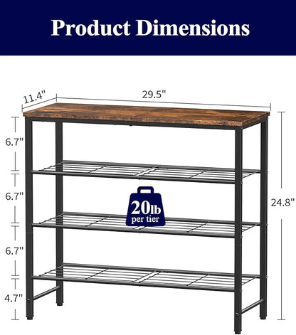 Kitsure Shoe Rack for Closet, Rustic Brown Shoe Organizer with Leveling Feet, Sturdy & Rust-Proof Shoe Storage for Entryway, Bedroom, Living Room, 29.5" x 11.4" x 24.8", Brown