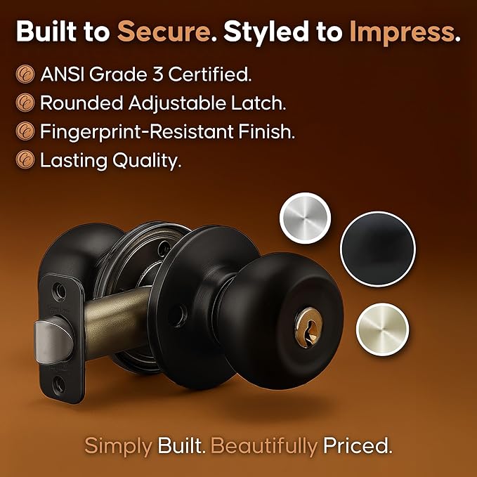 Copper Creek Entry Door Knob – Keyed Entry Handle with Lock and Key, ANSI Grade-3 Certified, DIY-Friendly Install for Interior and Exterior Entrance Doors – Matte Black (1 Pack)