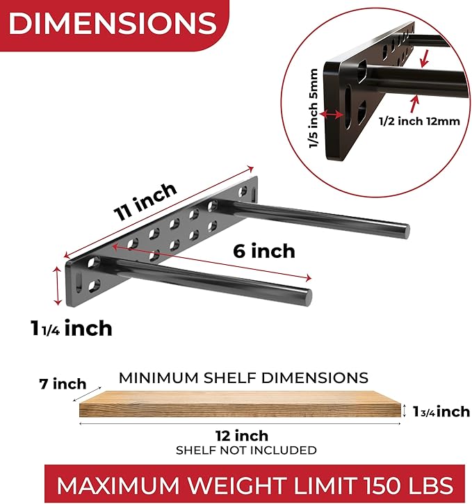 Set of 2 Floating Shelf Brackets 11 inch Multiple Mounting Location Baseplate/Heavy Duty Black Painted Mild Steel Bracket Hidden Wall Shelves Support Hardware Mount Kitchen/Nursery Decor (6 inch Rods)