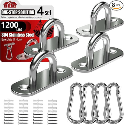 sprookber 304 Stainless Steel Pad Eye Snap Hooks, M8 Heavy Duty Ceiling Hooks, 1200 lb Capacity Hammock Swing Hanging kit, Plant Hangers, Marine Hardware Staple Hook Loop with Screws, Set of 8