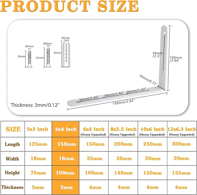 Alise Floating Shelf Brackets,White Bracket for Shelves Heavy Duty L Bracket Corner Brace,Stainless Steel Joint Angle Brace for Wooden Board Hanging Support,6x4 Inch(Pack of 4)
