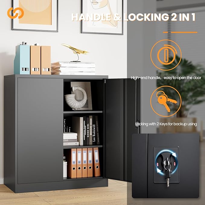 Metal Garage Storage Cabinets with Lock, 36" Tall Tool Cabinet with 2 Door and 2 Adjustable Shelves, Locking Garage Cabinets and Lockable Steel Locker for Home Office Warehouse - (Black-36”H)