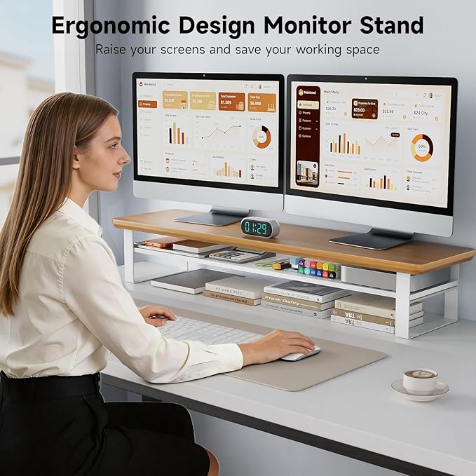 Dual Monitor Stand, 35.4 Inch Monitor Stand Riser for 2 Monitors, 2 Tiers Wood Desk Shelf with Storage, Desktop Organizer Stand for Computer, Laptop, Printer, TV (Cherry Wood, 35.4in)