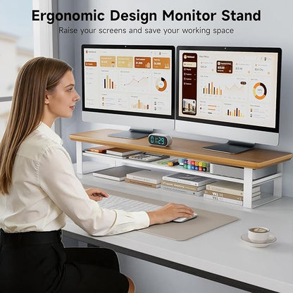 Dual Monitor Stand, 35.4 Inch Monitor Stand Riser for 2 Monitors, 2 Tiers Wood Desk Shelf with Storage, Desktop Organizer Stand for Computer, Laptop, Printer, TV (Cherry Wood, 35.4in)