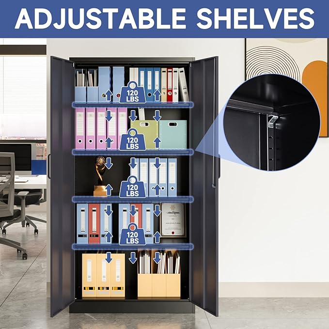 Metal Storage Cabinet with 2 Doors and 4 Adjustable Shelves, 71'' Steel Garage Cabinet, Locking Tool Cabinets for Office, Home,School,Kitchen,Garage Utility Black