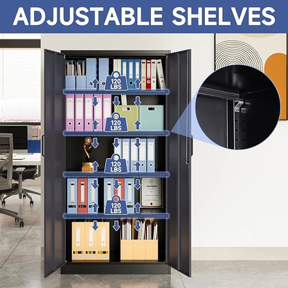 Metal Storage Cabinet with 2 Doors and 4 Adjustable Shelves, 71'' Steel Garage Cabinet, Locking Tool Cabinets for Office, Home,School,Kitchen,Garage Utility Black