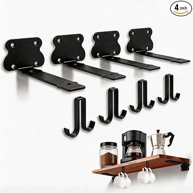5 Inch Black Shelf Brackets, Floating Shelf Bracket with 4 Detachable Hooks, Wall Mounted, Supports Up to 150 lbs, Iron Metal L Bracket for DIY Storage