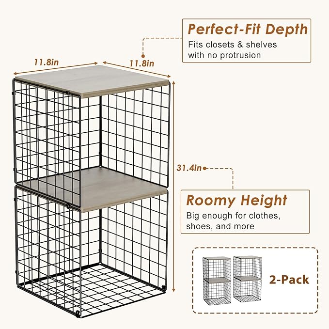 4-Tier Stackable Closet Organizers and Storage, Dual-Layer Reinforced Clothing Cube Shelves with Wood Tops, Sturdy Clothes Storage Bins & Shelf Basket for Wardrobe, Closet Organizer System