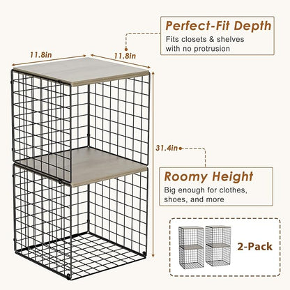 4-Tier Stackable Closet Organizers and Storage, Dual-Layer Reinforced Clothing Cube Shelves with Wood Tops, Sturdy Clothes Storage Bins & Shelf Basket for Wardrobe, Closet Organizer System
