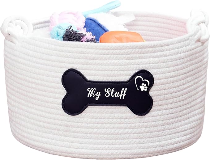 Cotton Pet Storage Basket, 12 x 12 x 7.1 inches, Dog Toy Organizer with Black Leather Bone Design, Dog Toy Storage Organizer, My Stuff Basket Puppy Pet Gift (Pet Dog Basket)