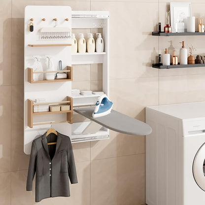 Wall Mounted Ironing Board Cabinet with Storage, Foldable Wall Ironing Board with Sliding Door, Wall Mount Space Saving Ironing Station for Laundry Room, Living Room, Entrance